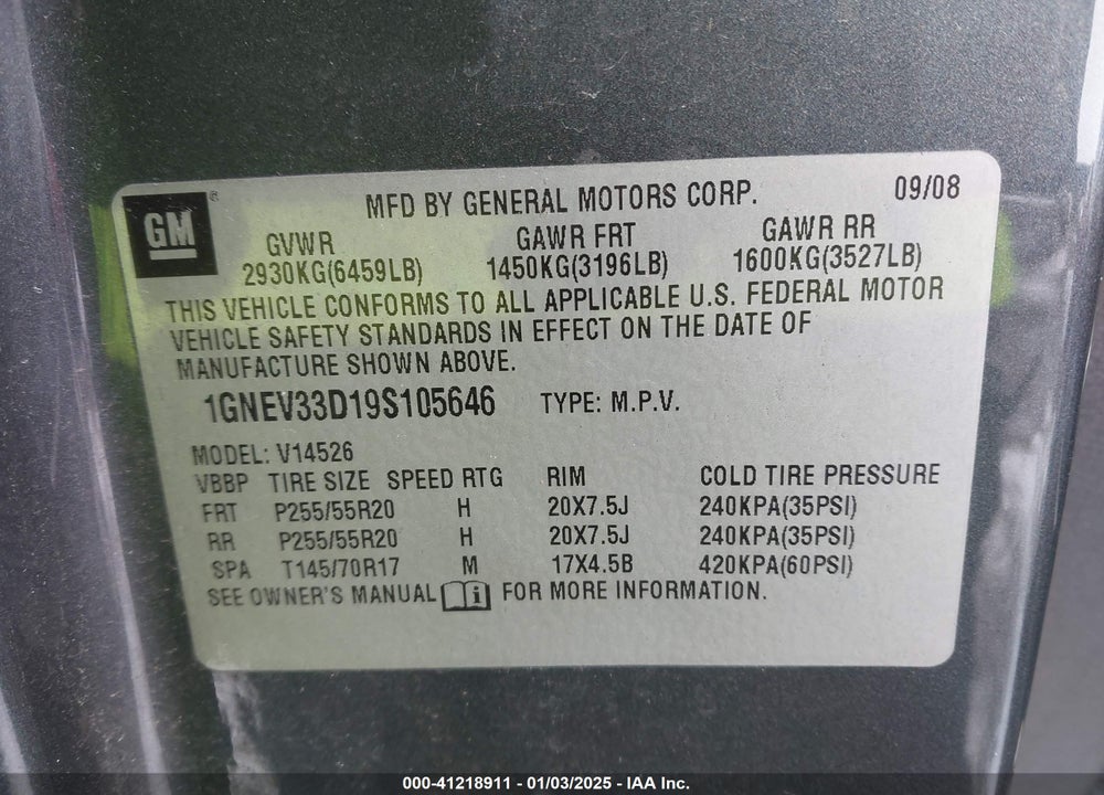 2009 CHEVROLET TRAVERSE LTZ VIN: 1GNEV33D19S105646