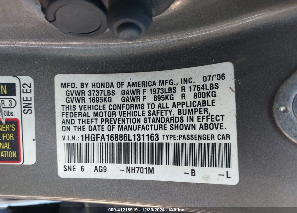 2006 HONDA CIVIC EX VIN: 1HGFA16886L131163