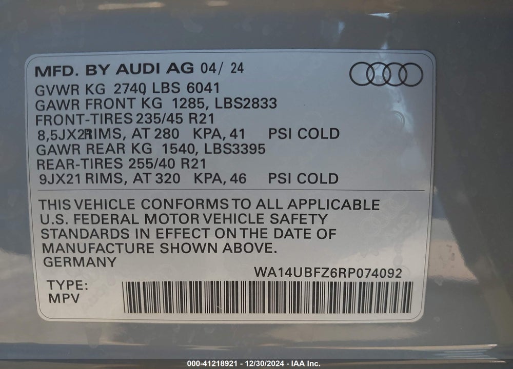 2024 AUDI Q4 SPORTBACK E-TRON VIN: WA14UBFZ6RP074092