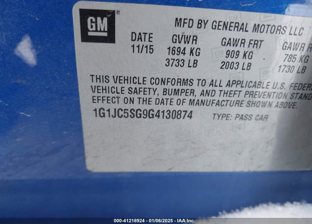 2016 CHEVROLET SONIC LT AUTO VIN: 1G1JC5SG9G4130874