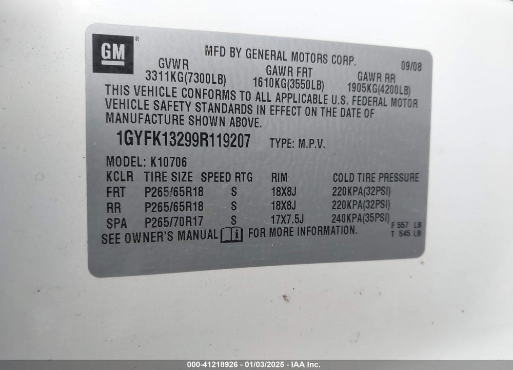 2009 CADILLAC ESCALADE STANDARD VIN: 1GYFK13299R119207