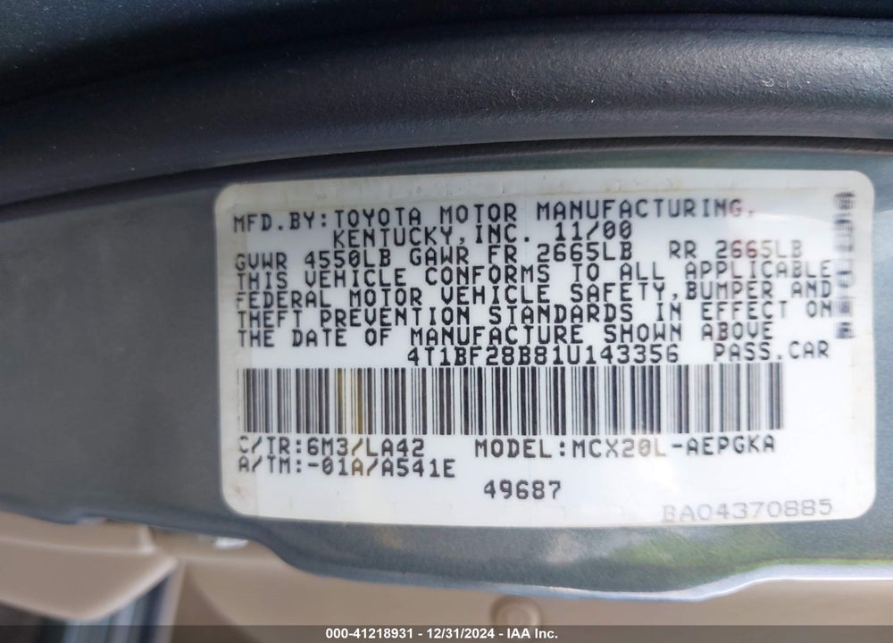 2001 TOYOTA AVALON XL/XLS VIN: 4T1BF28B81U143356