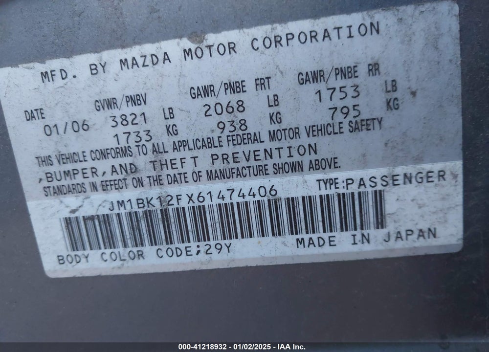 2006 MAZDA MAZDA3 VIN: JM1BK12FX61474406