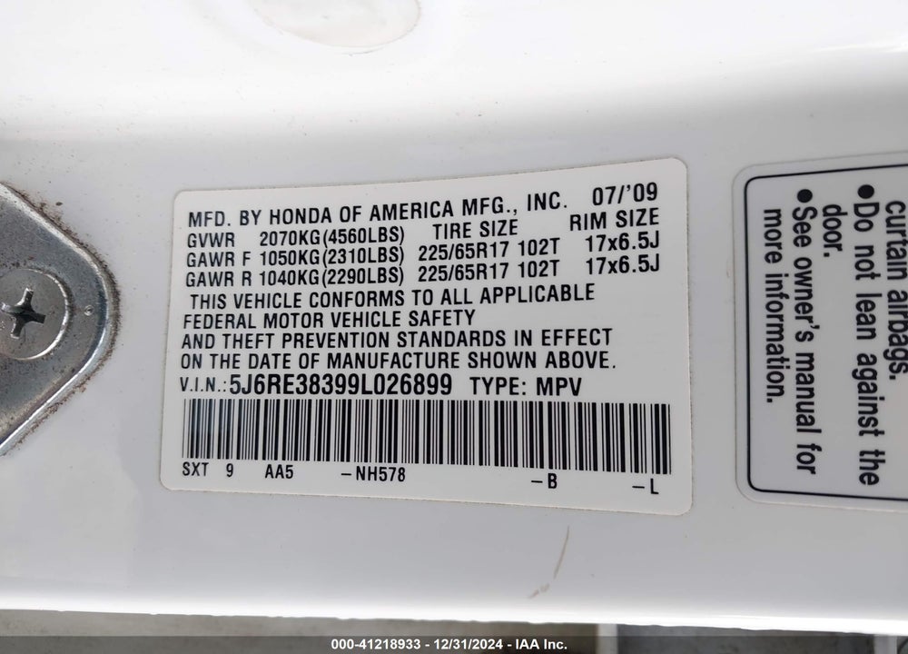 2009 HONDA CR-V LX VIN: 5J6RE38399L026899