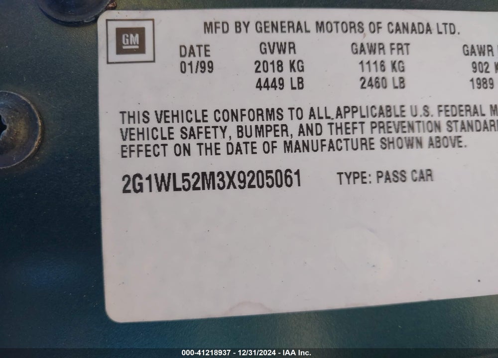 1999 CHEVROLET LUMINA LS VIN: 2G1WL52M3X9205061