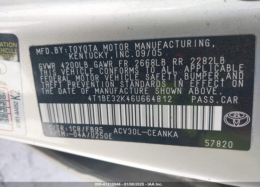 2006 TOYOTA CAMRY LE VIN: 4T1BE32K46U664812