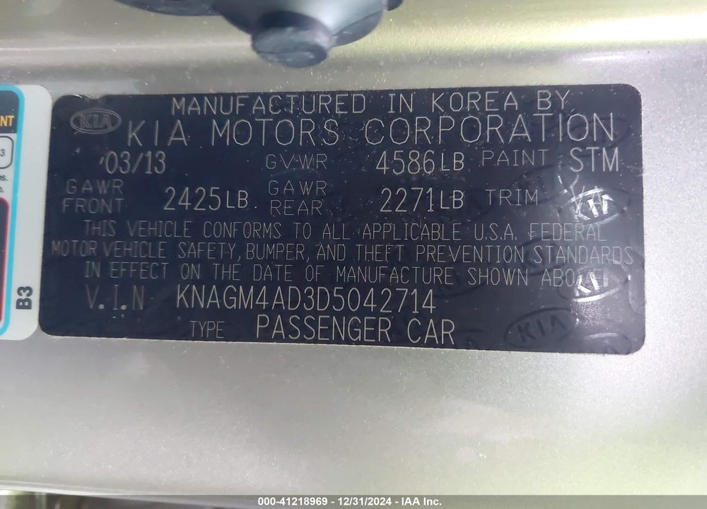 2013 KIA OPTIMA HYBRID LX VIN: KNAGM4AD3D5042714