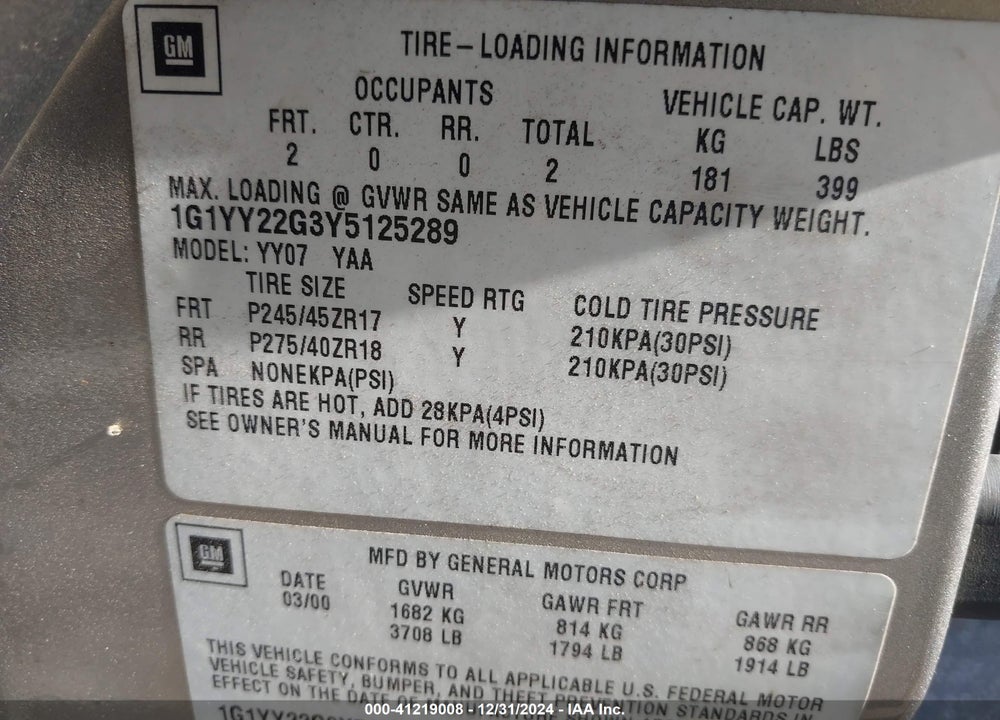 2000 CHEVROLET CORVETTE VIN: 1G1YY22G3Y5125289