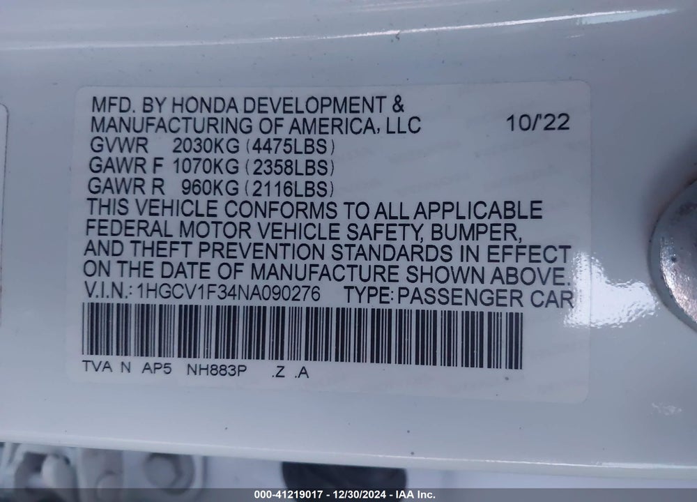 2022 HONDA ACCORD SPORT VIN: 1HGCV1F34NA090276