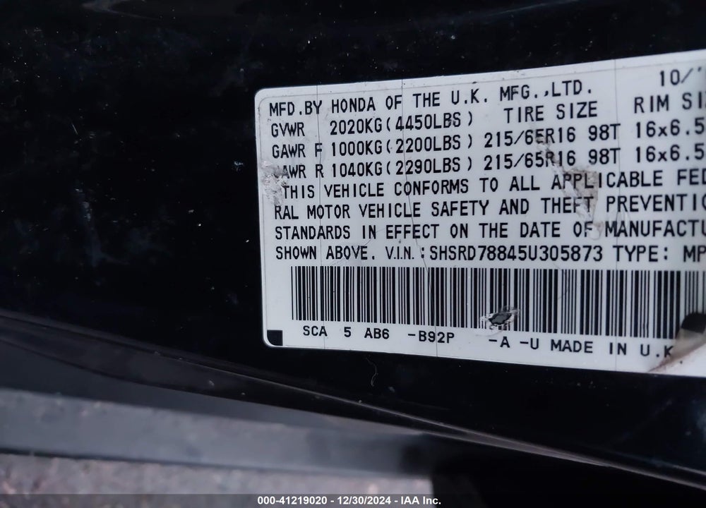 2005 HONDA CR-V EX VIN: SHSRD78845U305873