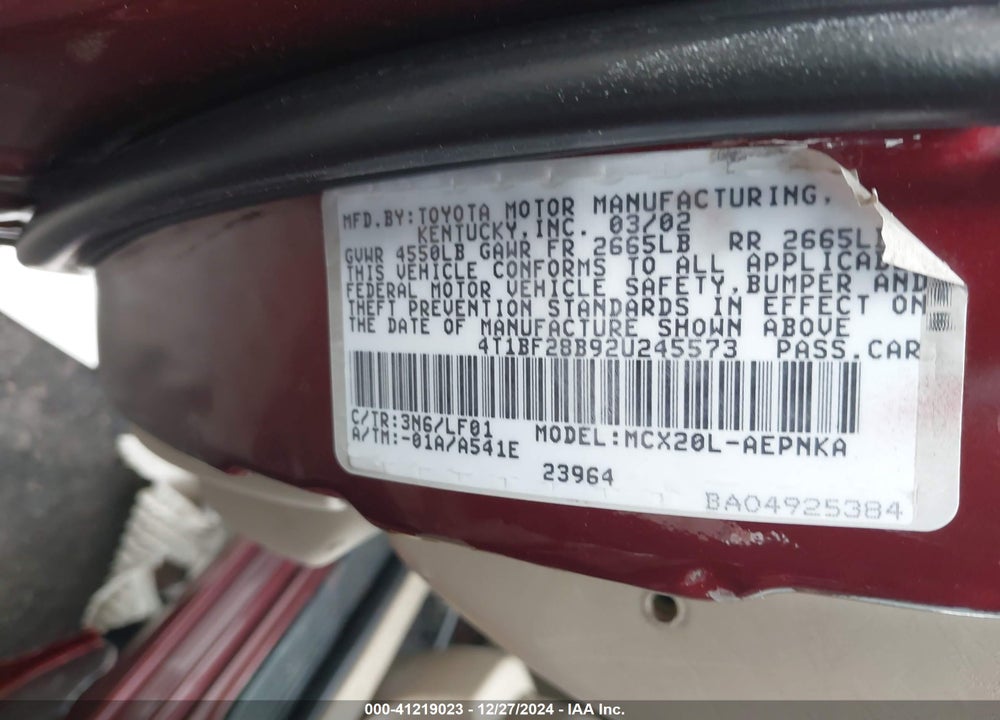 2002 TOYOTA AVALON XL VIN: 4T1BF28B92U245573