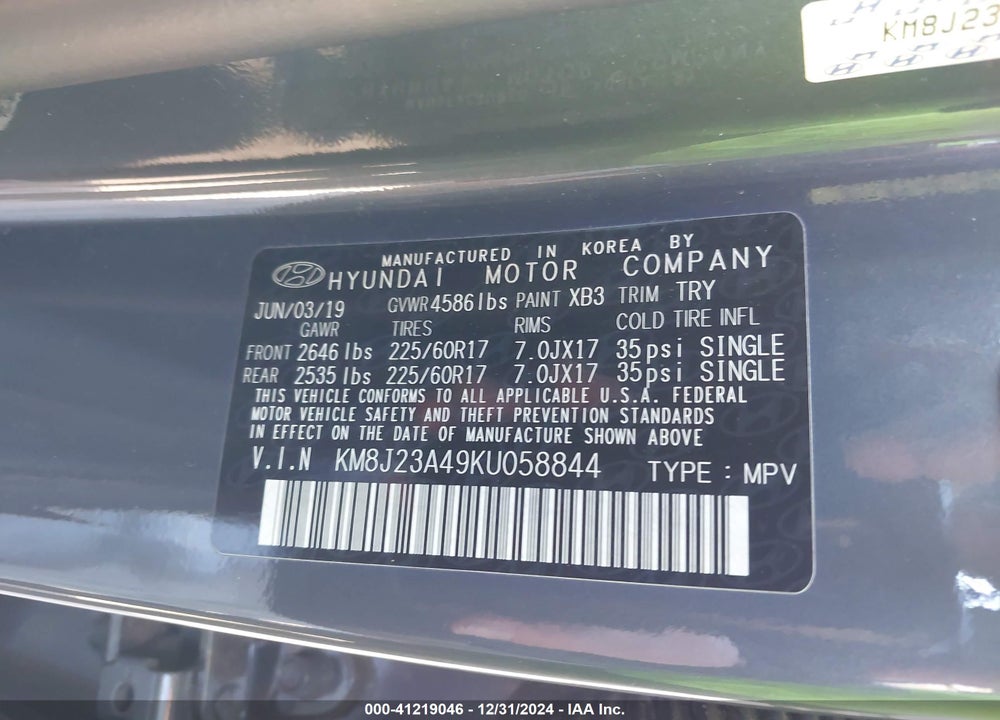 2019 HYUNDAI TUCSON SE VIN: KM8J23A49KU058844