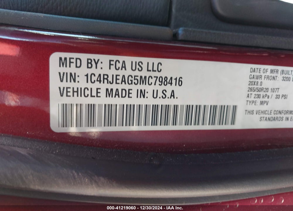 2021 JEEP GRAND CHEROKEE LAREDO X 4X2 VIN: 1C4RJEAG5MC798416