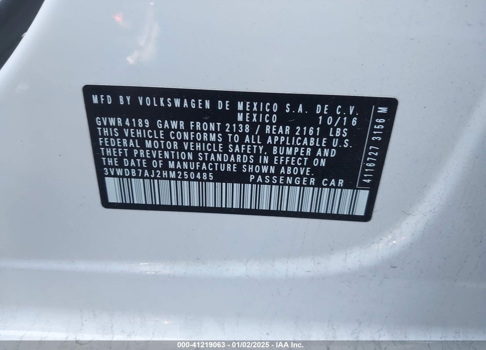 2017 VOLKSWAGEN JETTA VIN: 3VWDB7AJ2HM250485