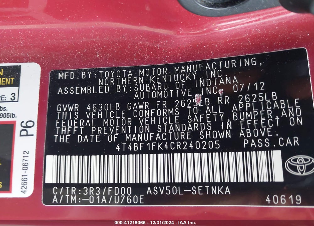2012 TOYOTA CAMRY LE VIN: 4T4BF1FK4CR240205