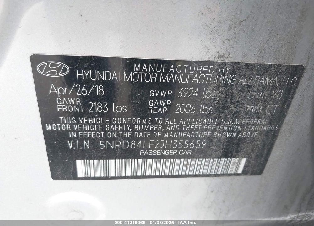 2018 HYUNDAI ELANTRA VIN: 5NPD84LF2JH355659