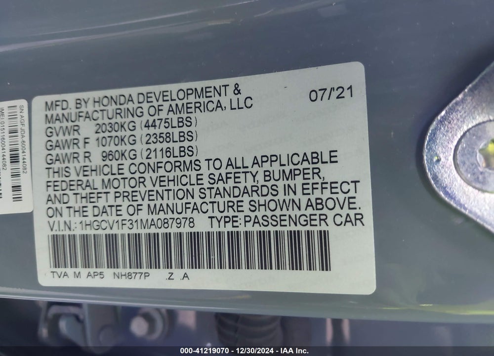 2021 HONDA ACCORD SPORT VIN: 1HGCV1F31MA087978