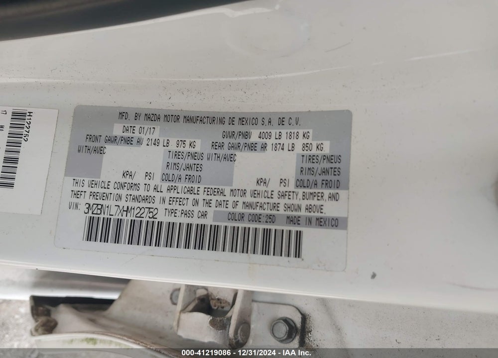 2017 MAZDA 3 TOURING VIN: 3MZBN1L7XHM122752