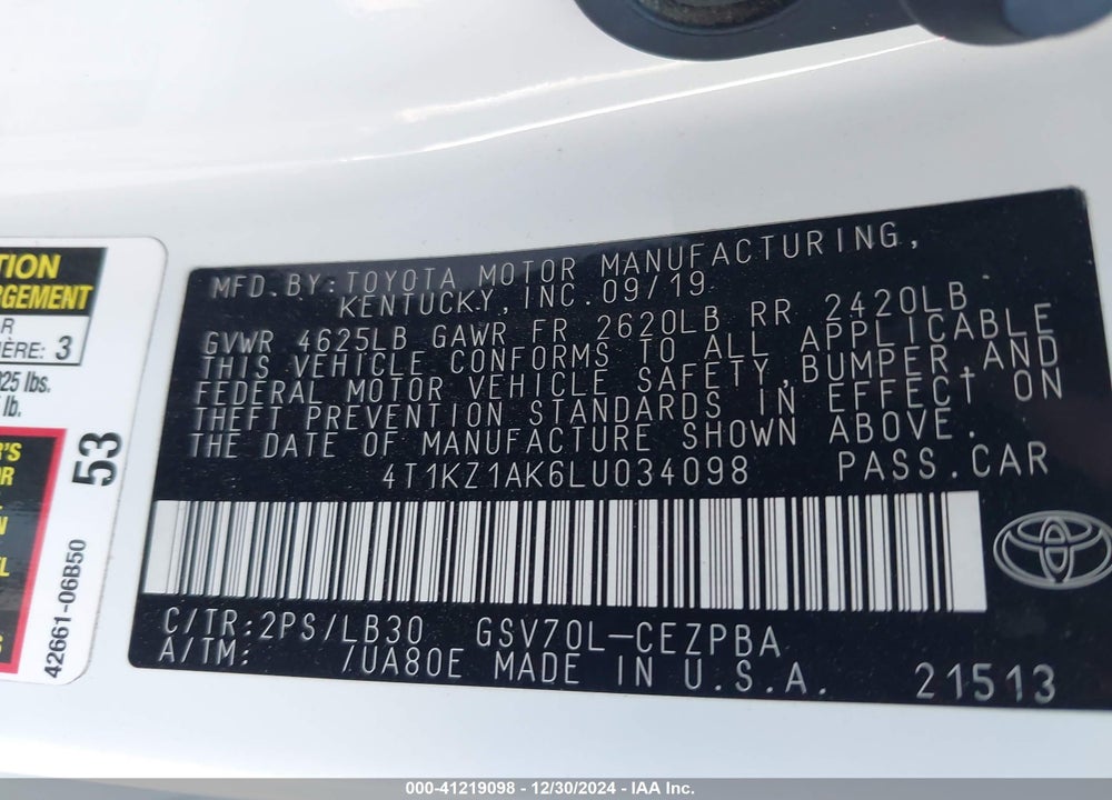 2020 TOYOTA CAMRY VIN: 4T1KZ1AK6LU034098