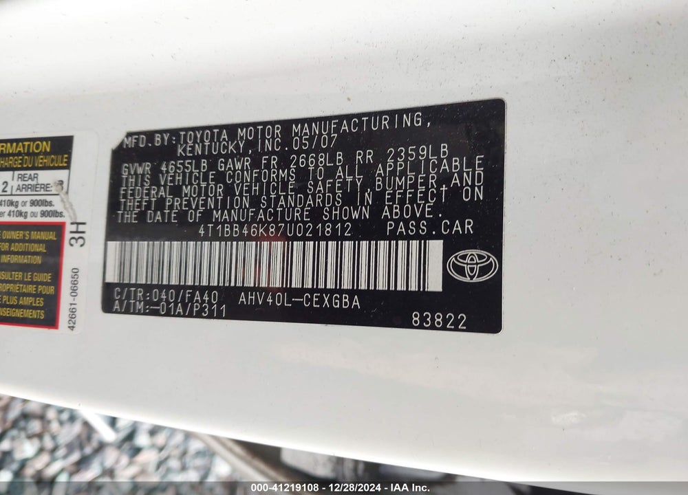 2007 TOYOTA CAMRY HYBRID VIN: 4T1BB46K87U021812