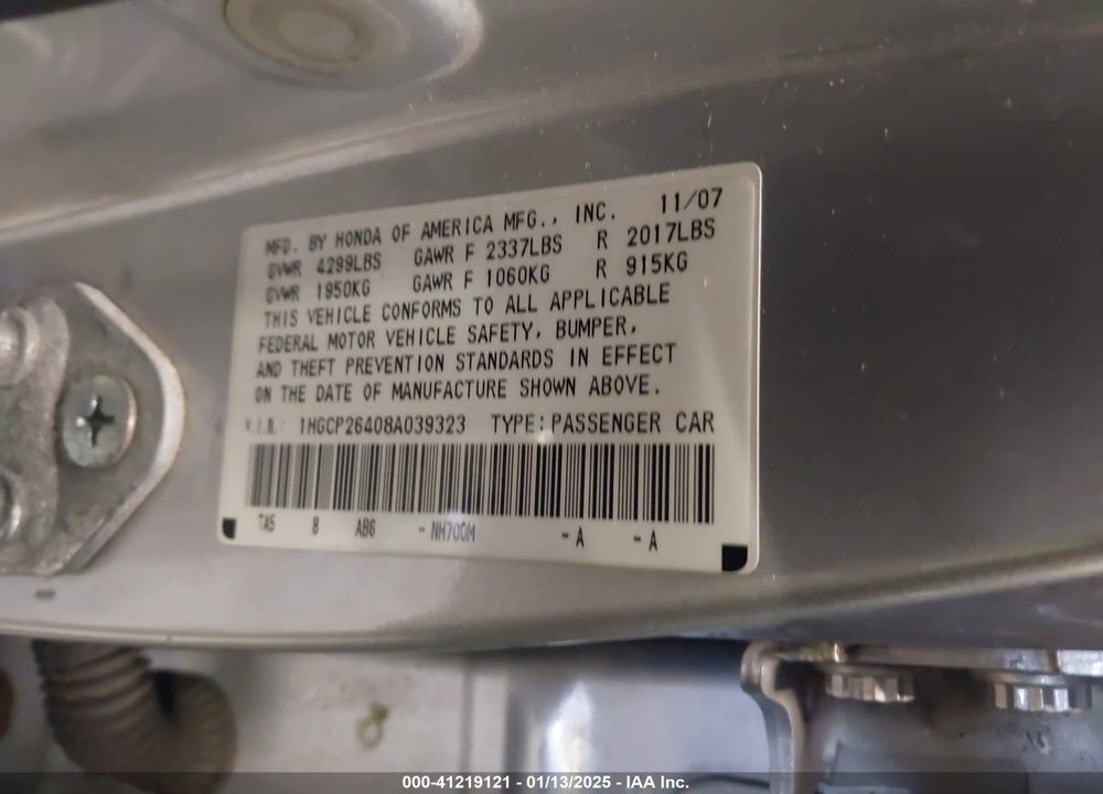 2008 HONDA ACCORD 2.4 LX-P VIN: 1HGCP26408A039323
