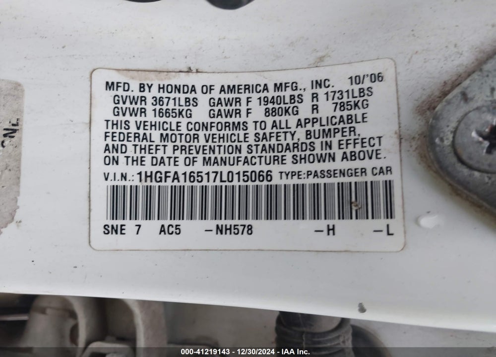 2007 HONDA CIVIC VIN: 1HGFA16517L015066