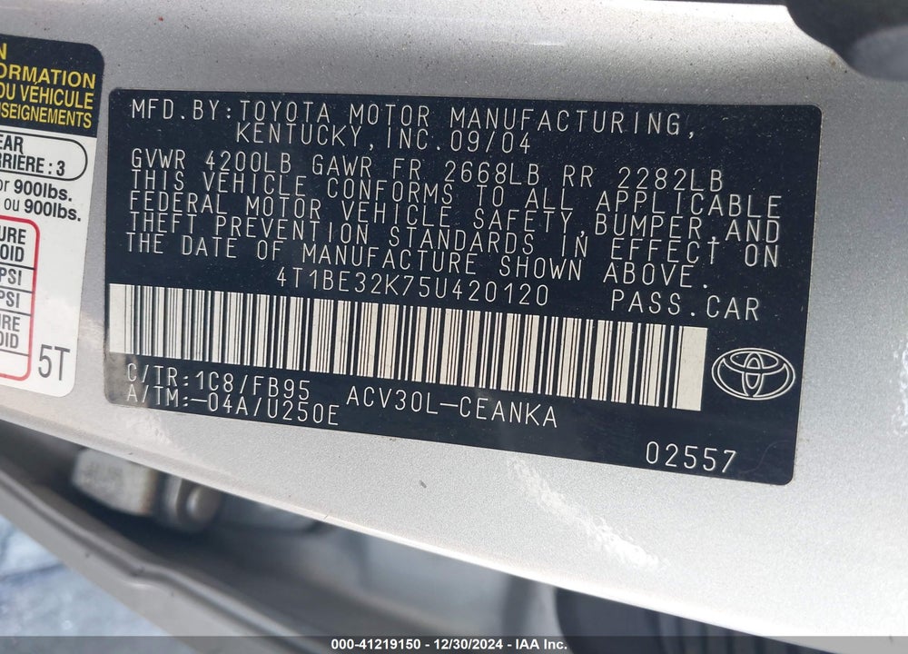 2005 TOYOTA CAMRY STD/ VIN: 4T1BE32K75U420120