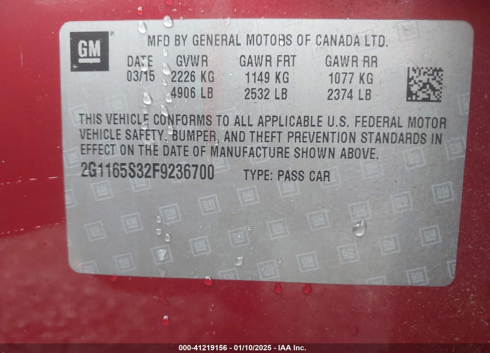 2015 CHEVROLET IMPALA VIN: 2G1165S32F9236700