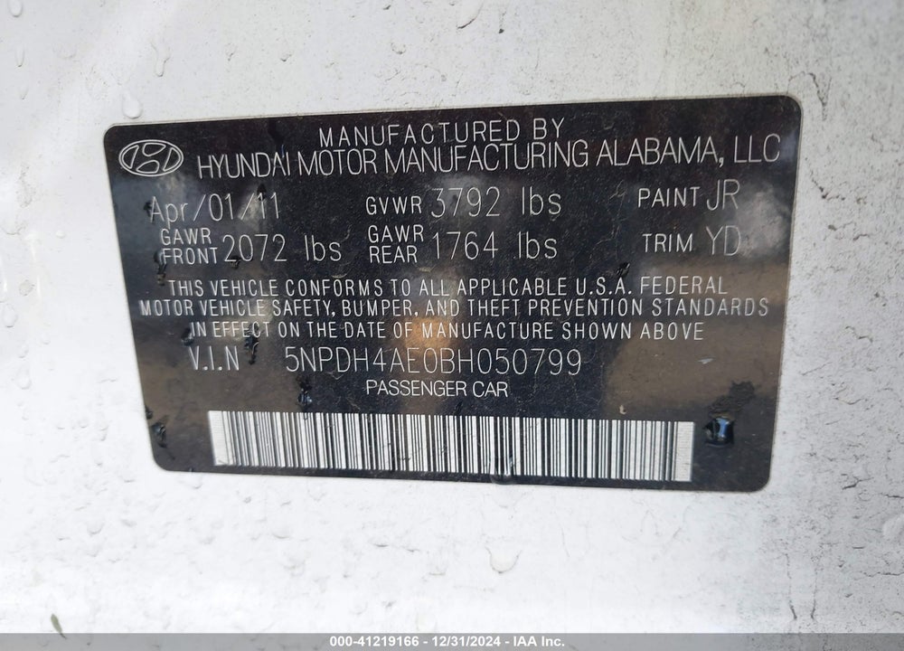 2011 HYUNDAI ELANTRA VIN: 5NPDH4AE0BH050799