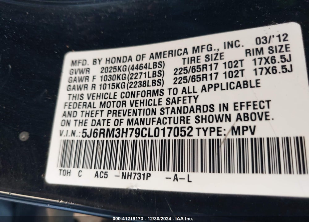 2012 HONDA CR-V EX-L VIN: 5J6RM3H79CL017052