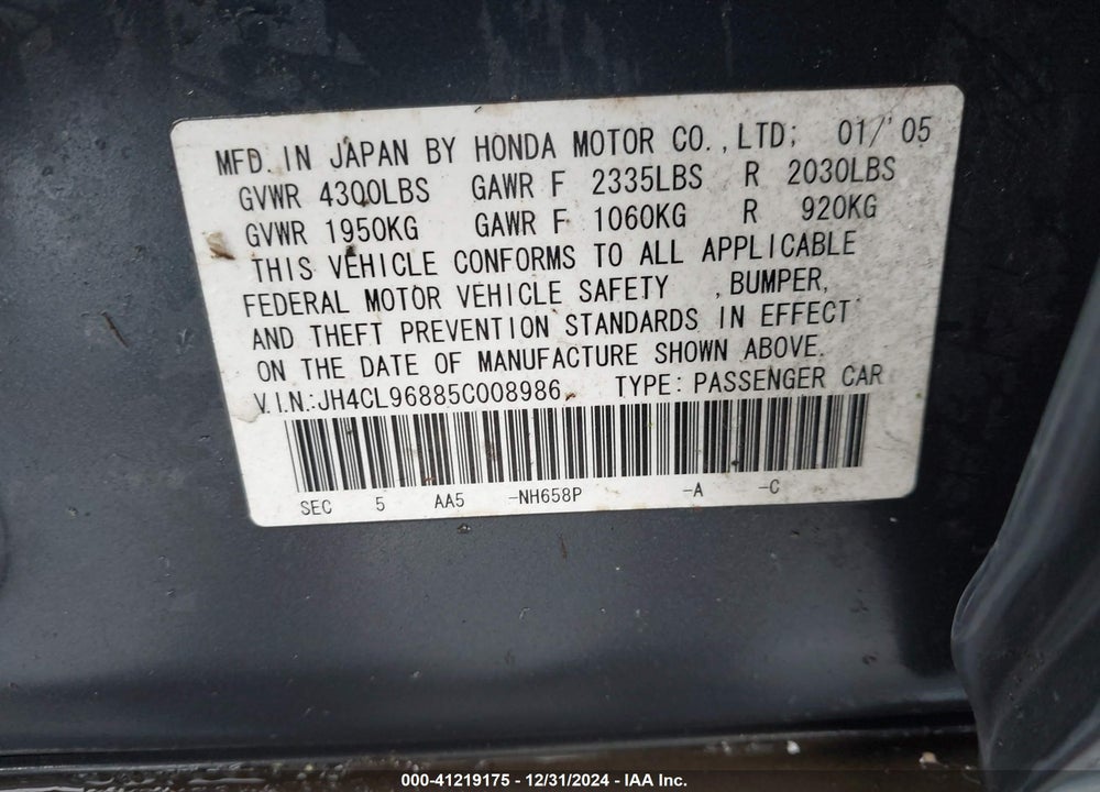 2005 ACURA TSX VIN: JH4CL96885C008986