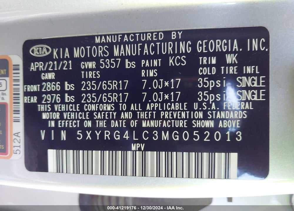 2021 KIA SORENTO LX VIN: 5XYRG4LC3MG052013