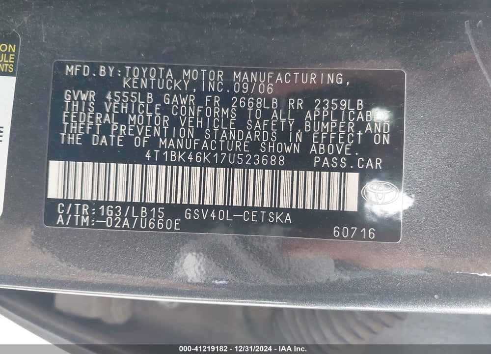 2007 TOYOTA CAMRY SE V6 VIN: 4T1BK46K17U523688