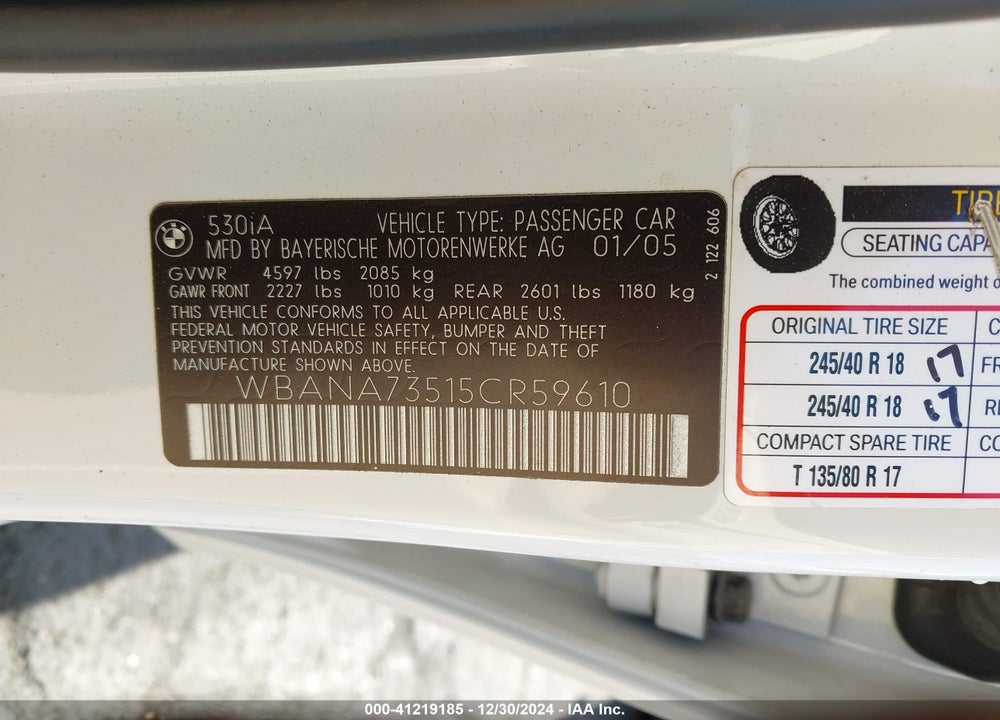 2005 BMW 530I VIN: WBANA73515CR59610