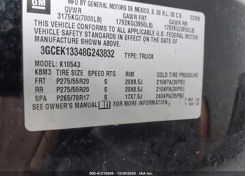 2008 CHEVROLET SILVERADO 1500 VIN: 3GCEK13348G243832