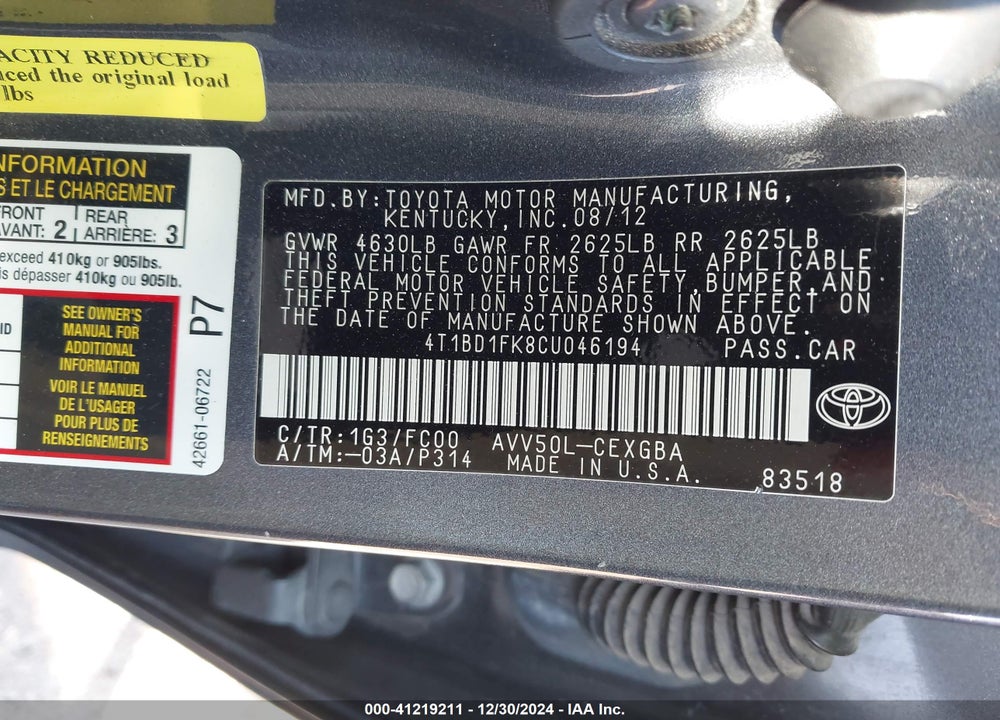 2012 TOYOTA CAMRY HYBRID VIN: 4T1BD1FK8CU046194
