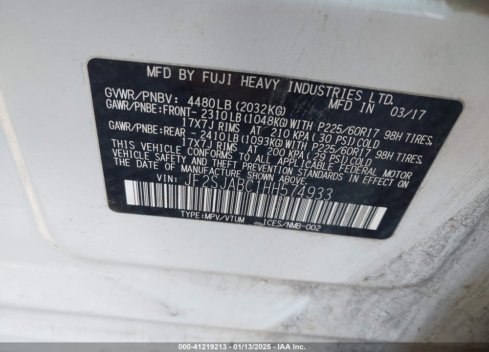2017 SUBARU FORESTER 2.5I VIN: JF2SJABC1HH574933