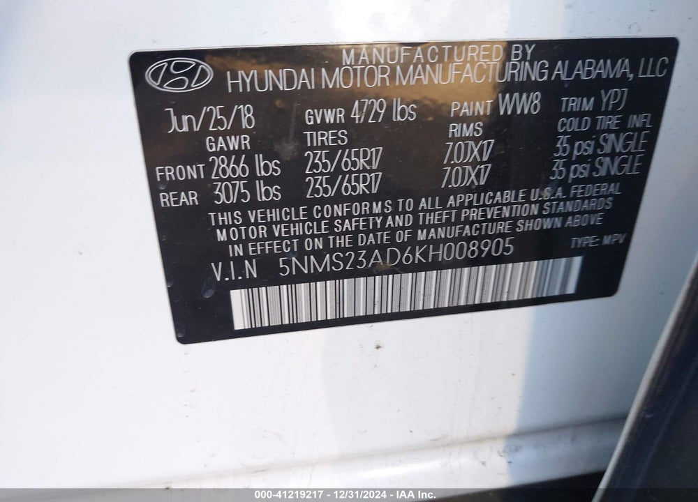 2019 HYUNDAI SANTA FE SE VIN: 5NMS23AD6KH008905