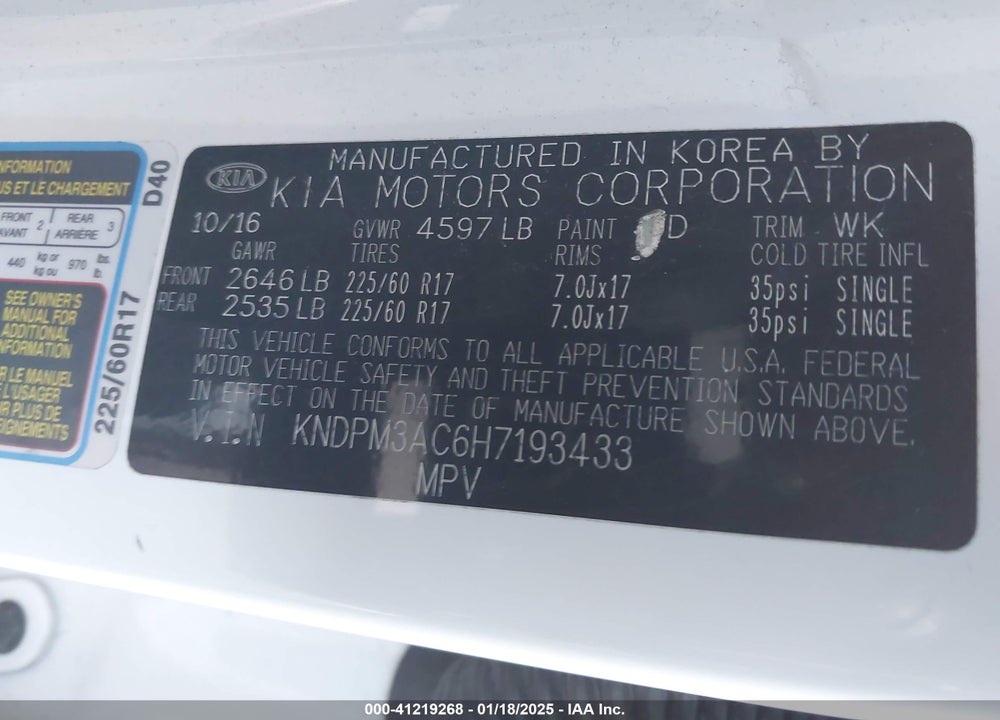 2017 KIA SPORTAGE VIN: KNDPM3AC6H7193433