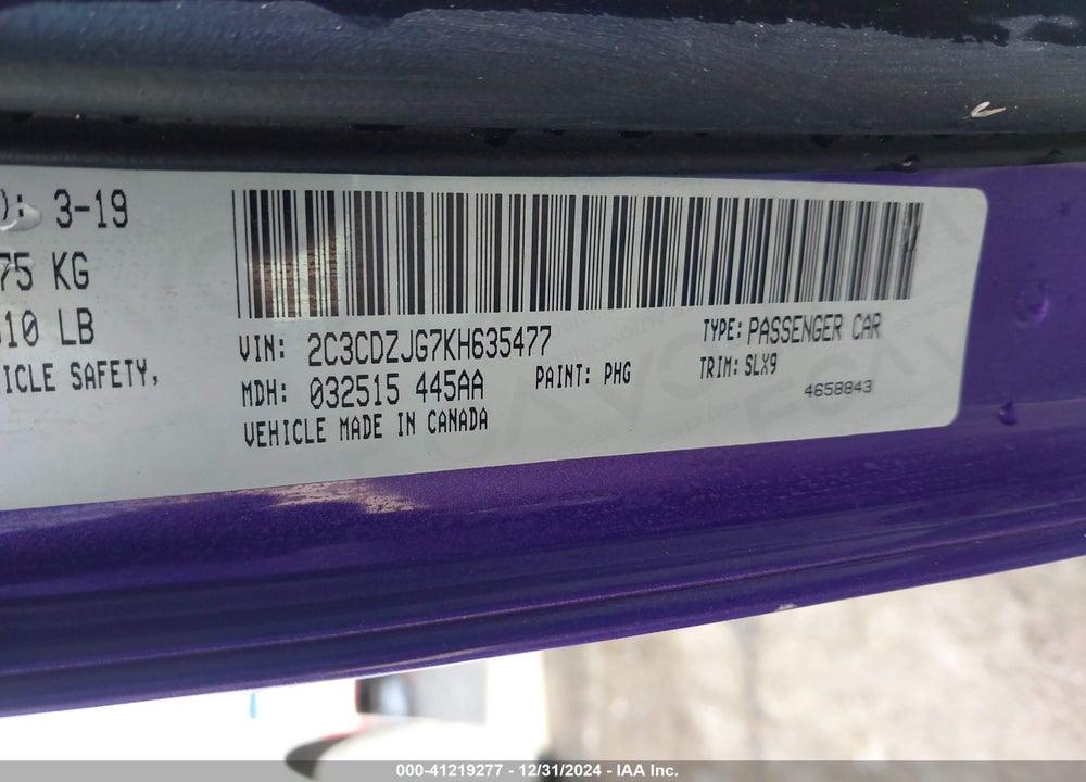 2019 DODGE CHALLENGER VIN: 2C3CDZJG7KH635477