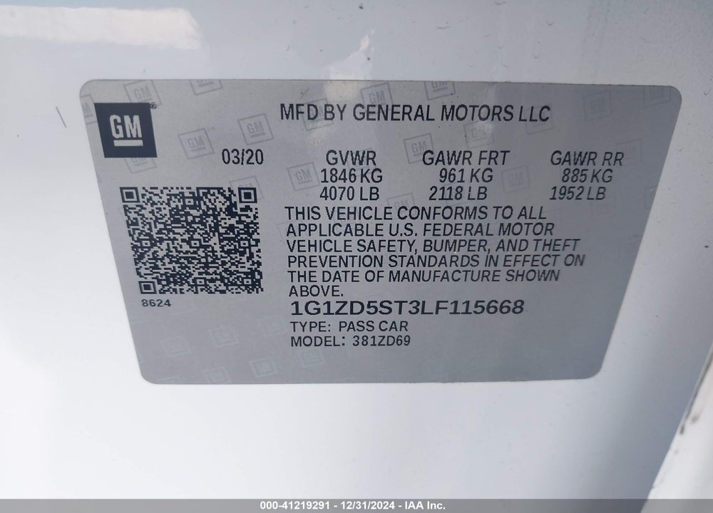 2020 CHEVROLET MALIBU VIN: 1G1ZD5ST3LF115668