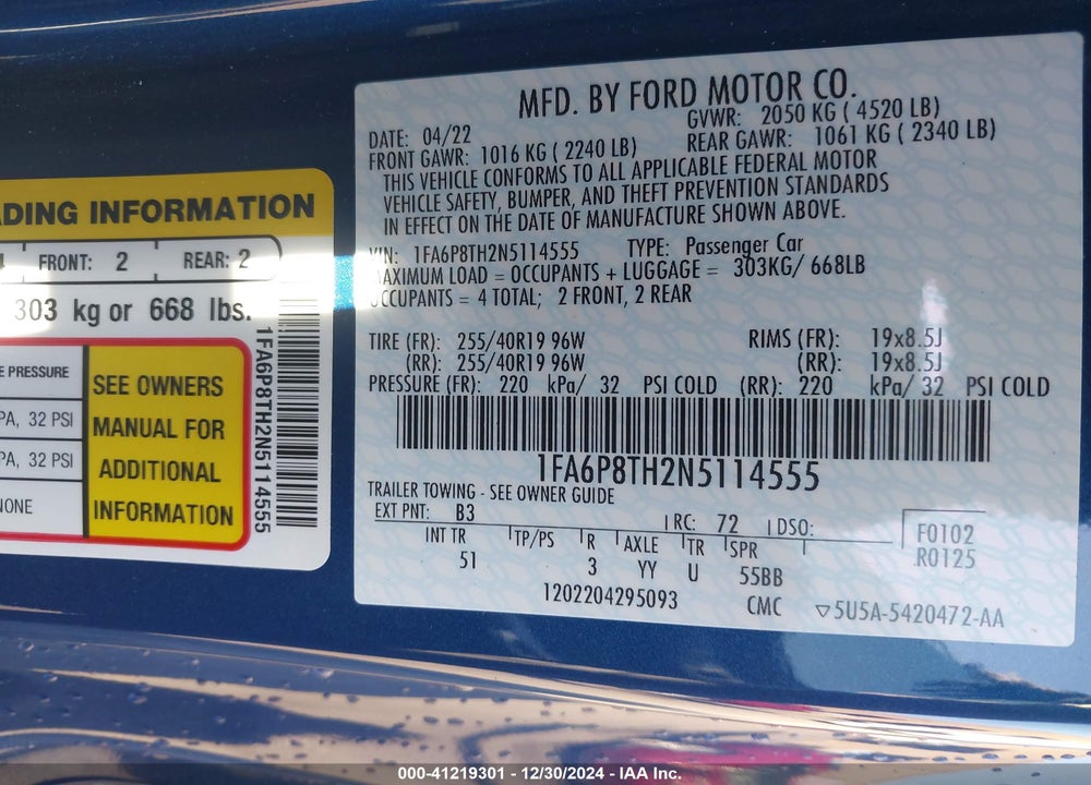 2022 FORD MUSTANG ECOBOOST PREMIUM FASTBACK VIN: 1FA6P8TH2N5114555