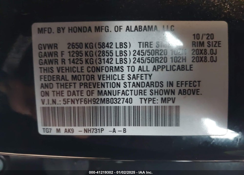 2021 HONDA PILOT AWD TOURING 8 PASSENGER VIN: 5FNYF6H92MB032740