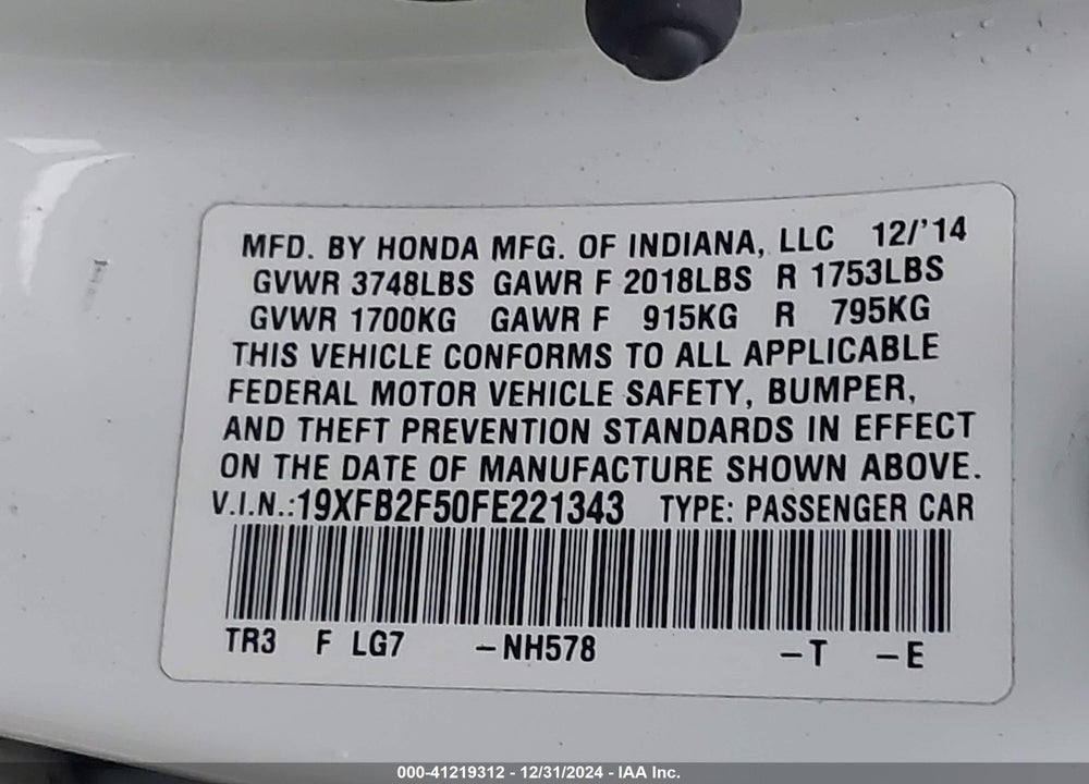 2015 HONDA CIVIC LX VIN: 19XFB2F50FE221343