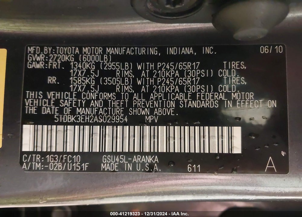 2010 TOYOTA HIGHLANDER BASE V6 VIN: 5TDBK3EH2AS029954
