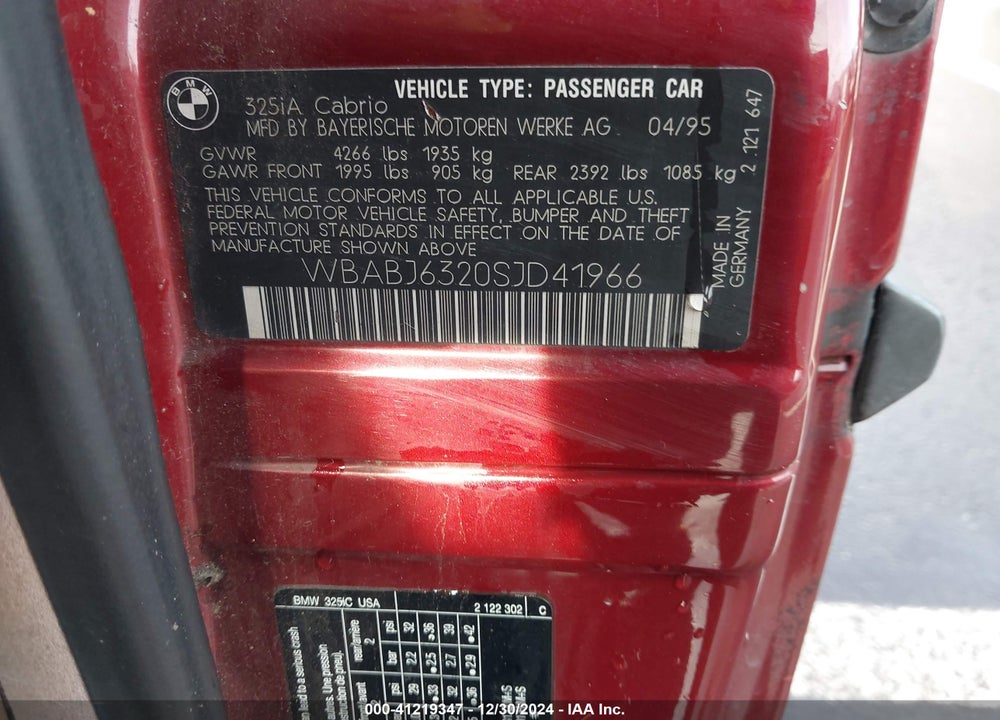 1995 BMW 325 IC AUTOMATIC VIN: WBABJ6320SJD41966