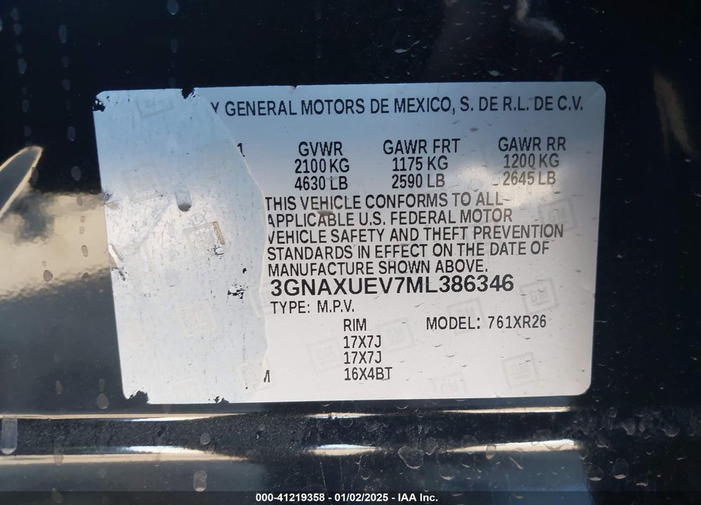 2021 CHEVROLET EQUINOX AWD LT VIN: 3GNAXUEV7ML386346