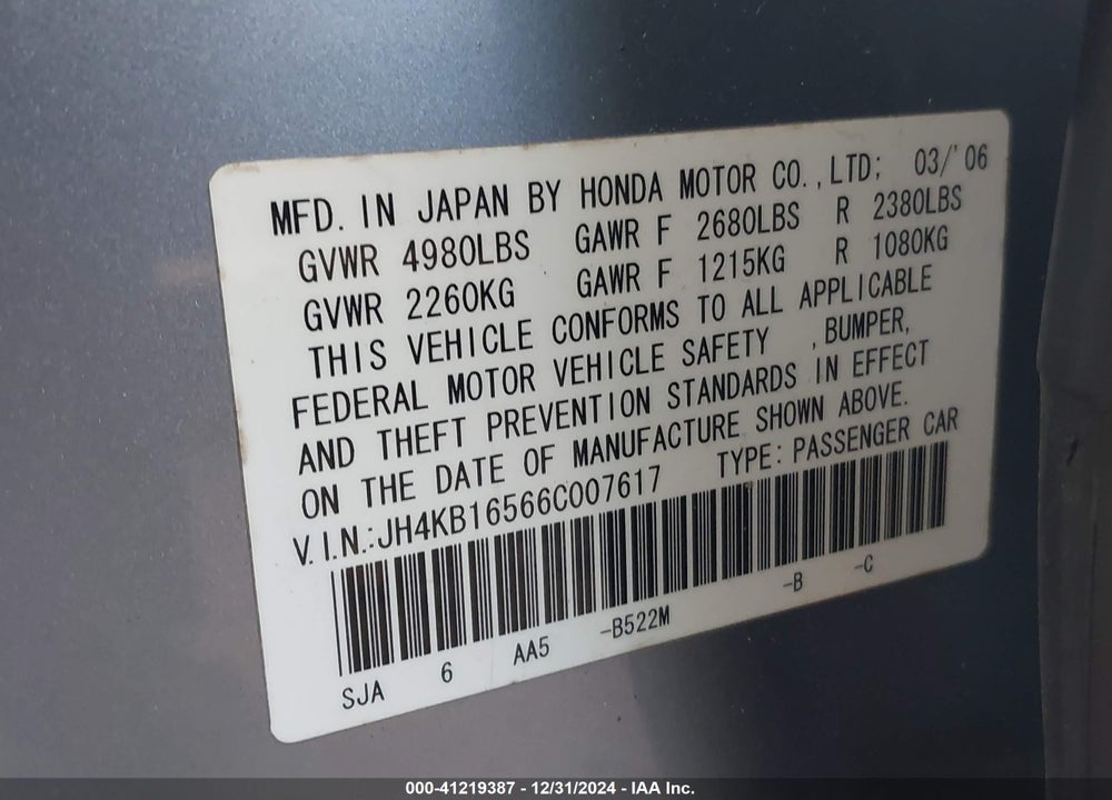 2006 ACURA RL 3.5 VIN: JH4KB16566C007617