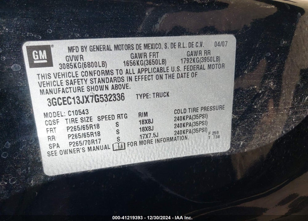 2007 CHEVROLET SILVERADO 1500 LT2 VIN: 3GCEC13JX7G532336