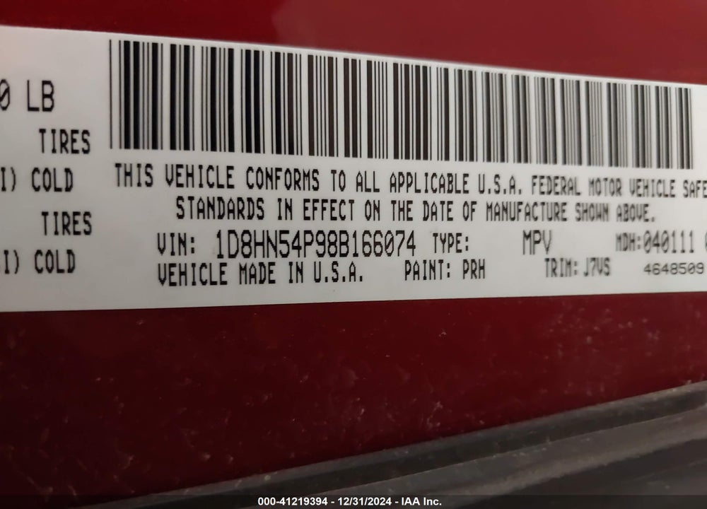 2008 DODGE GRAND CARAVAN SXT VIN: 1D8HN54P98B166074